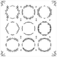 doodle frames with leaves and curlicues. round frames for decoration. a set of 9 frames