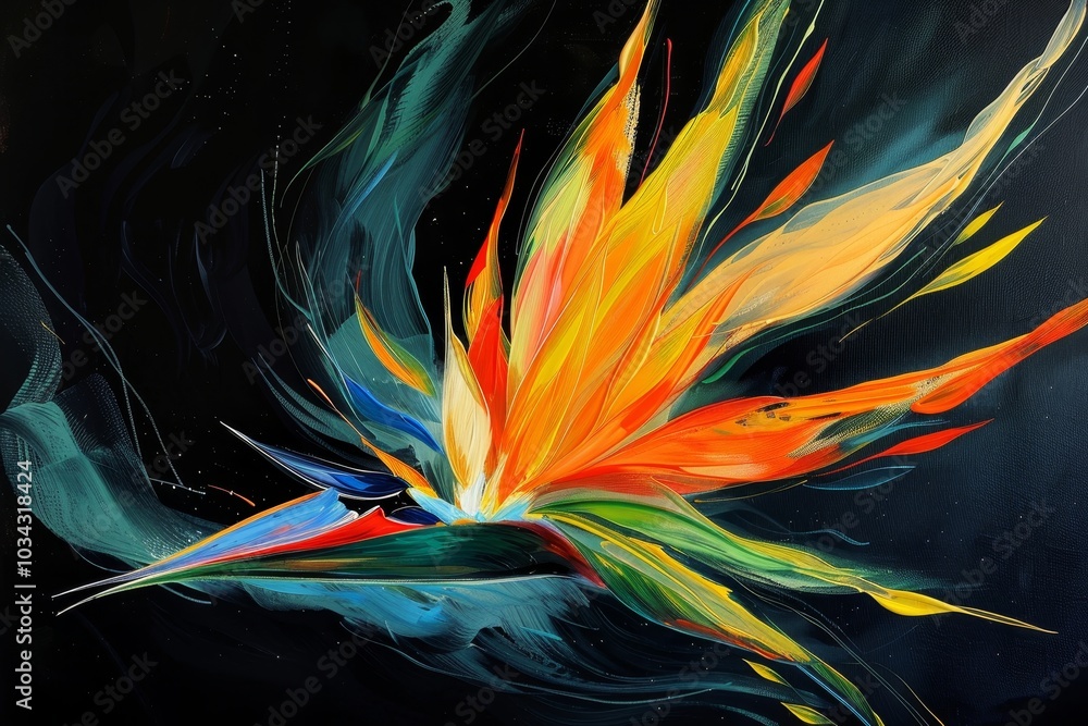 Poster an abstract depiction of a bird soaring through the air features vivid colors and energetic brush st