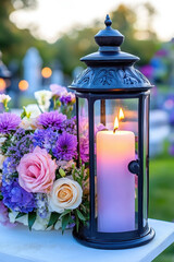 Glowing lanterns on the cemetery in soft focus