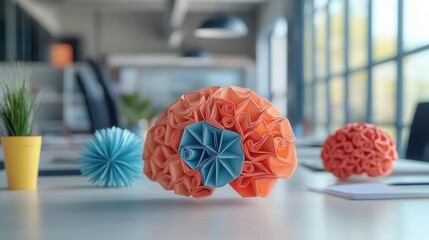 Evoke inspiration and collaboration with a detailed depiction of brain-shaped paper crafts in a modern business environment