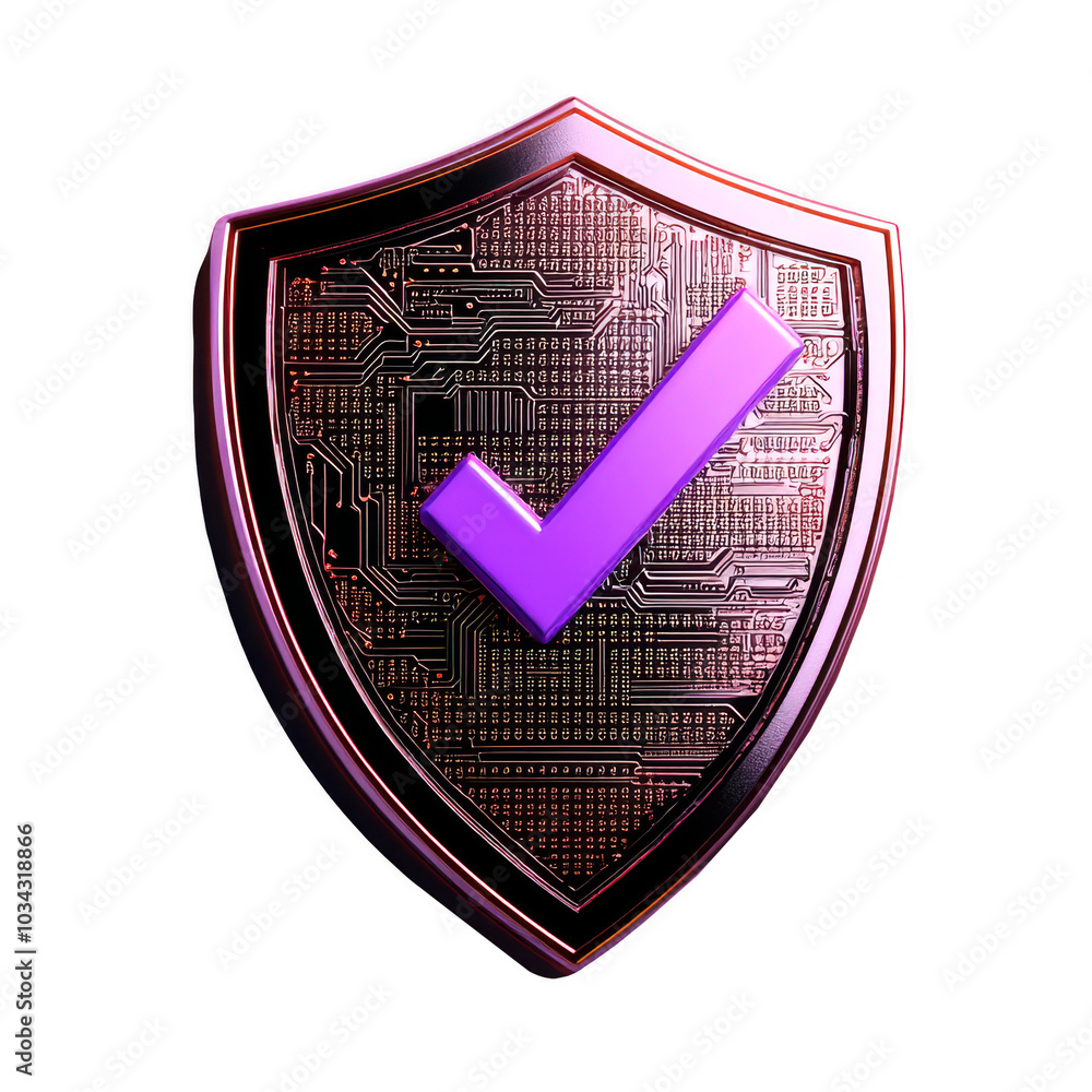 Poster stylized shield icon with a purple check mark on a digital circuit background.