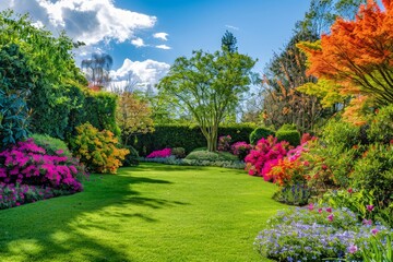 Fototapeta premium A stunning garden showcases a variety of blooming flowers in bright colors alongside verdant grass, all illuminated by the sun on a clear day.