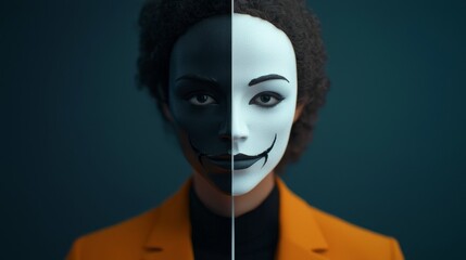 Person with Black and White Painted Face Looking at Camera.