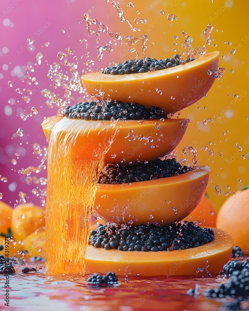 Poster a vibrant stack of papaya slices with water cascading down the sides, creating a refreshing and colo