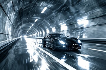 A powerful black sports car accelerates through a modern tunnel, reflecting vibrant lights as it...