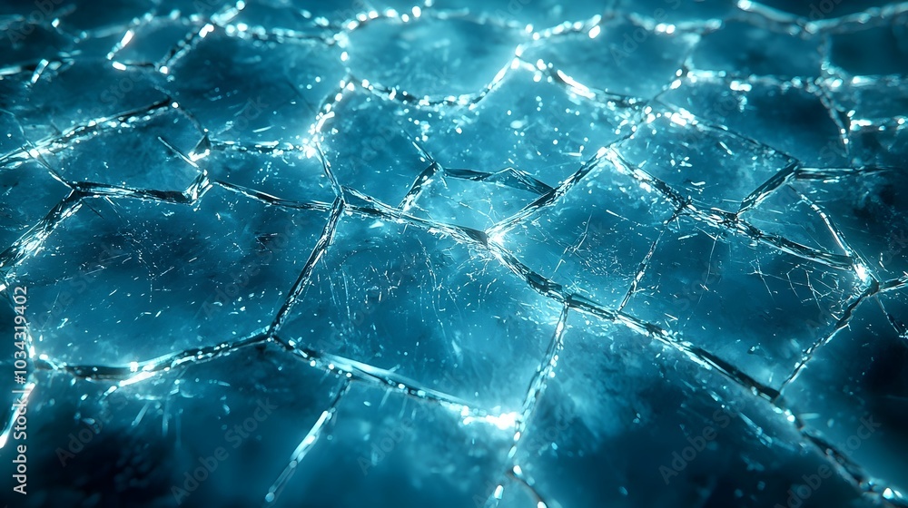 Poster a close-up of cracked ice reflecting a cool blue light. the delicate lines and patterns of the ice c