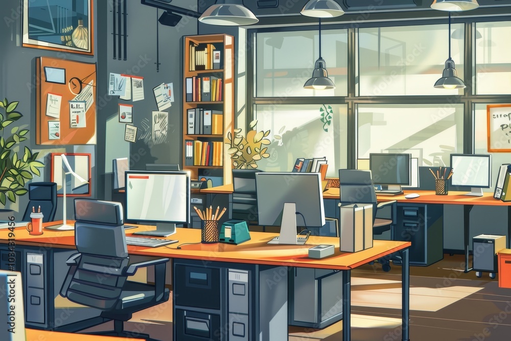 Aufkleber the workspace features multiple desks equipped with computers, plants, and organized shelves, creati