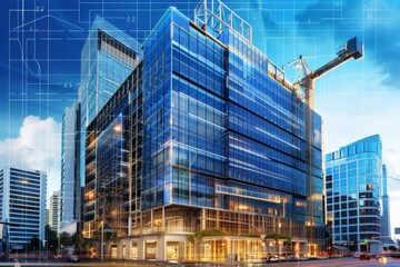 Fototapeta premium A contemporary office building is being constructed in a lively urban area, showcasing glass façades and cranes against a backdrop of blue skies and city architecture.