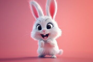 Naklejka premium A Close-Up of a White Bunny with Pink Ears Smiling on a Pink Background