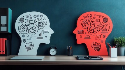 Create a striking office desk setup with head and brain cutouts overlayed with business symbols