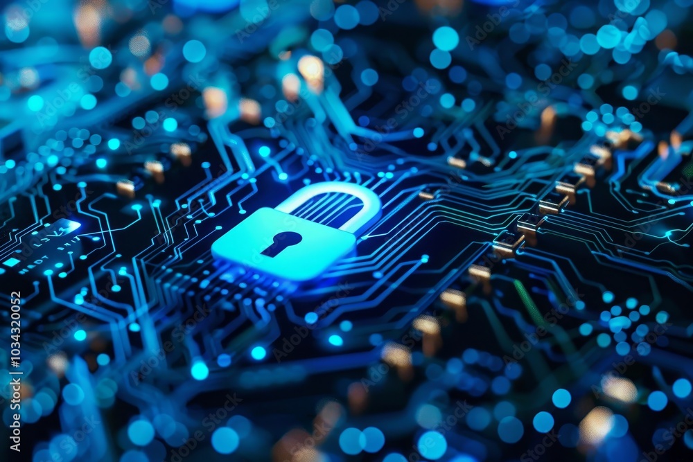 Poster the close-up depiction showcases a digital circuit board with intricate pathways, highlighted by a l