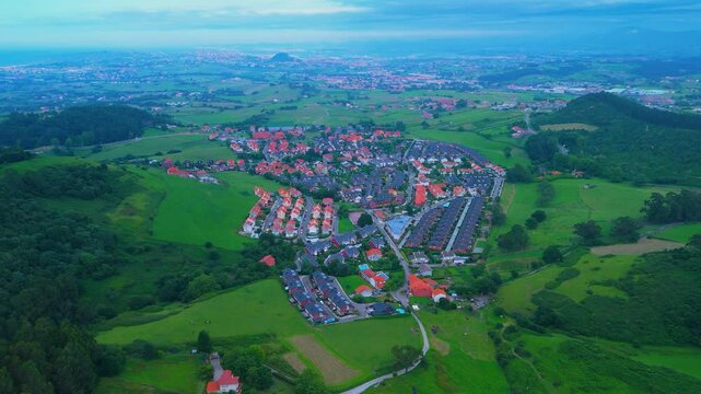 Mortera village from La Picota mountain in the Liencres mountain range. Municipality of Pi&eacute;lagos. Cantabrian Sea. Cantabria. Spain. Europe