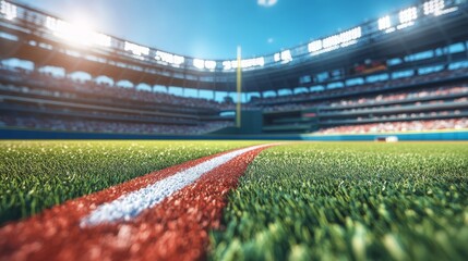 Daytime shot of a baseball stadium with bright sunlight, a manicured field, and a full house