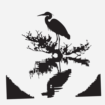 Herron Silhouette image. Herron sitting on a bench.