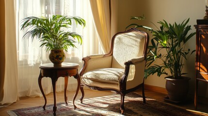 Vintage armchair and table with a vase, placed in a cozy living room with light walls.