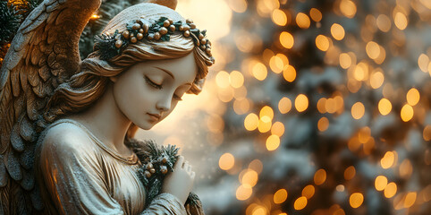 Obraz premium Serene angel statue adorned with festive elements and warm lights in winter. Generative AI.