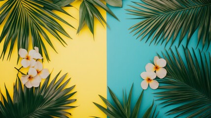 Vintage-style tropical green palm leaves and flowers on a blue and yellow background, top view. 