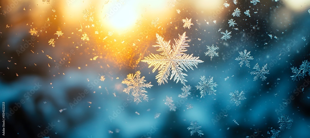 Poster frosty window showcasing intricate snowflake patterns at sunset. generative ai.