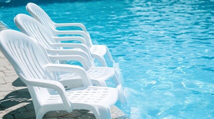 Fototapeta premium White chairs neatly lined up in a swimming pool for relaxation