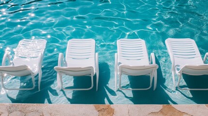 Fototapeta premium White chairs neatly lined up in a swimming pool for relaxation
