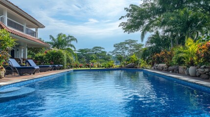 A bright blue swimming pool offering a relaxing vacation atmosphere. 