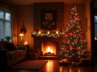 Obraz premium Cozy living room decorated for Christmas with a glowing fireplace, festive tree, and beautifully wrapped presents