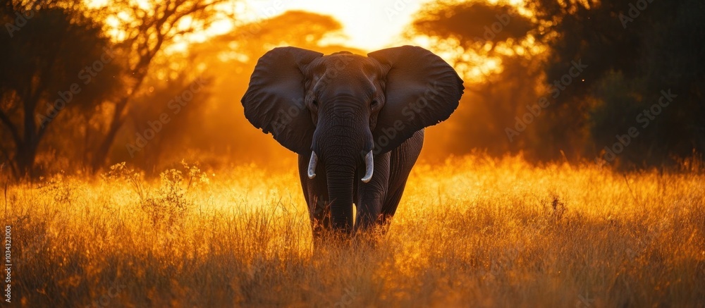 Poster an elephant stands in a field of tall grass with the setting sun behind it.