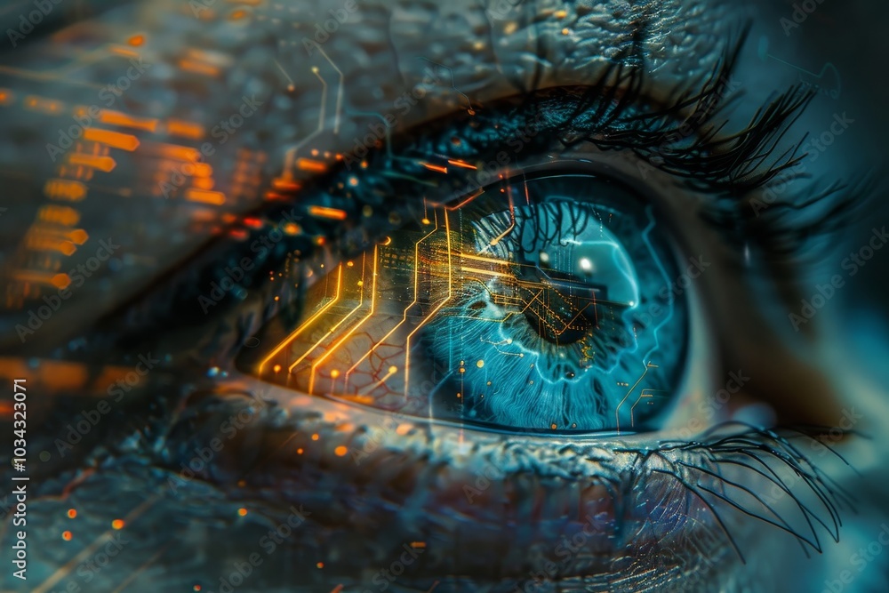 Poster a detailed close-up of an eye showcases intricate digital circuitry and patterns within the iris, sy