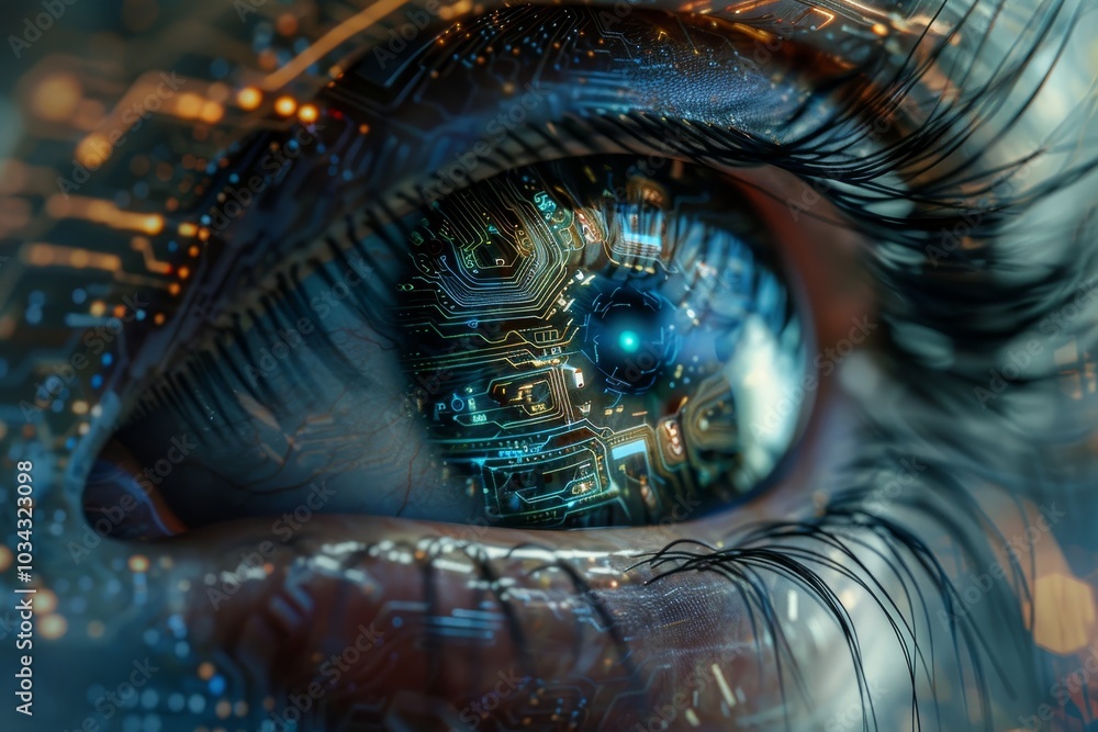 Poster a detailed view of a human eye reveals a reflection of complex circuit patterns and technology. the 
