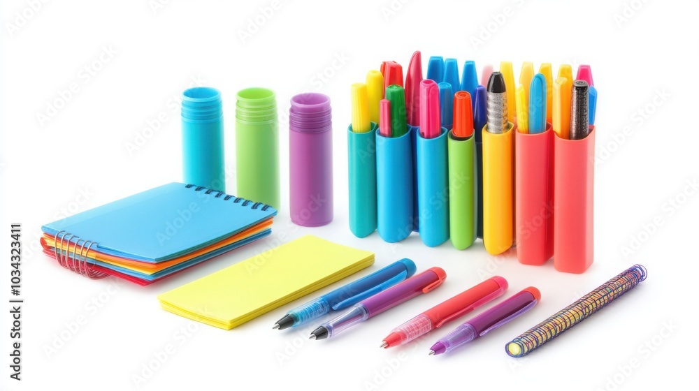 Poster a display of colorful stationery items arranged in a row on a white background.