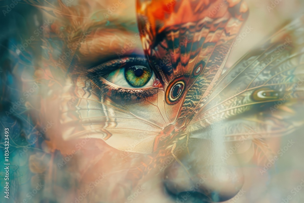 Poster an artistic representation features a close-up of an eye with vibrant butterfly wings intertwined, c