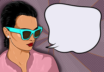 Girl in sunglasses with red lips comics cartoon style with speech cloud