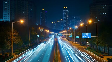 Nighttime Cityscape with Traffic Light Trails on a Highway