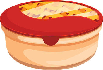 Round plastic container with red lid is holding hot freshly cooked lasagna with appetizing melted cheese crust