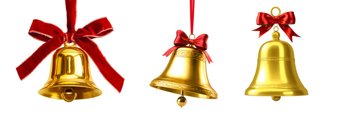 Set of Golden Christmas bells with red bow isolated on a transparent background.