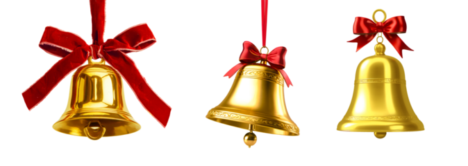 Set of Golden Christmas bells with red bow isolated on a transparent background.