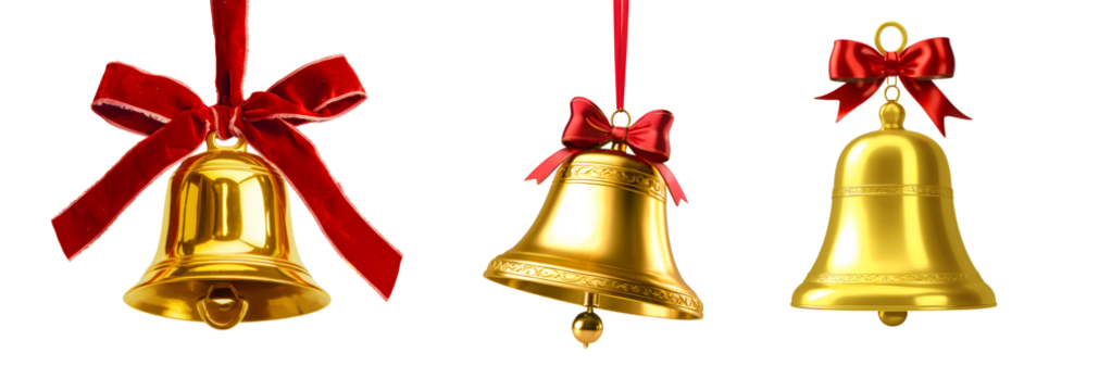 Set of Golden Christmas bells with red bow isolated on a transparent background. - Powered by Adobe
