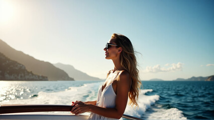 Woman on yacht stock photo