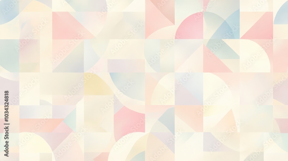 Poster an abstract geometric pattern made of soft pastel colors, featuring overlapping circles, squares, an