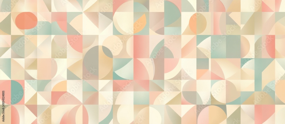 Poster an abstract geometric pattern made of soft pastel colors, featuring overlapping circles, squares