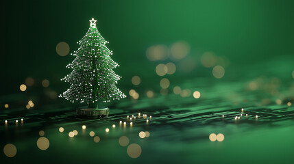 christmas tree with lights , technological style , isolated on green  background , circuit board 