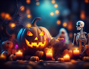 Obraz premium Happy Halloween holiday. Halloween decorations, witch skeleton, dark background