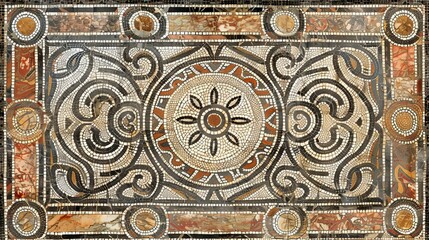 Obraz premium Intricate mosaic floor with geometric patterns in shades of white, black, and red.