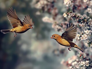 Fototapeta premium A pair of finches flying near a flower bush their wings spread in mid-air as they approach the blossoms