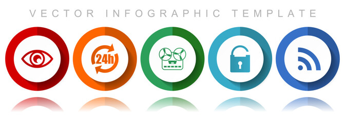 Media vector icon collection, miscellaneous icons such as eye, 24h, music recorder, padlock and signal, flat design infographic template in eps 10