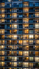 Modern apartment building facade with illuminated windows, evening setting, urban architecture