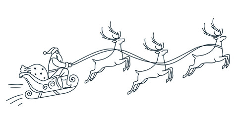 Santa Claus rides on a sleigh with reindeers. flat vector illustration one line silhouette