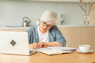 Middle aged senior woman using laptop computer writing notes at home. Focused mature old...