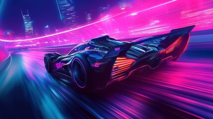 Futuristic Sports Car Speeding Through a Neon-Lit Cityscape