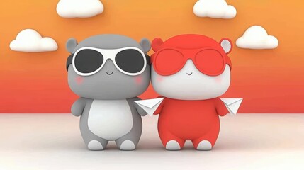 Obraz premium Two charming cartoon characters in sunglasses, enjoying a playful moment against a colorful sunset background, perfect for cheerful designs.